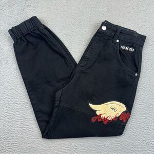 Bershka Jeans Womens 4 Black Denim Joggers 3D‎ Logo Angel Grunge Y2K Street Wear
